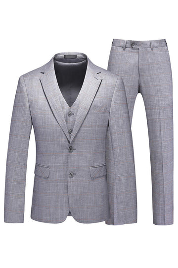 Grey Plaid Notched Lapel 3 Pieces Men's Formal Suits